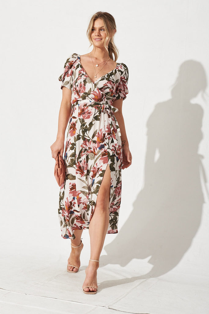 Cyprus Midi Dress In Cream With Pink Floral