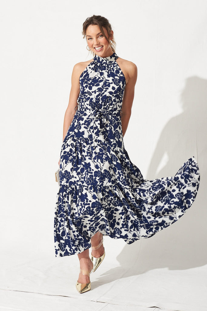Khalo Dress In White With Navy Floral