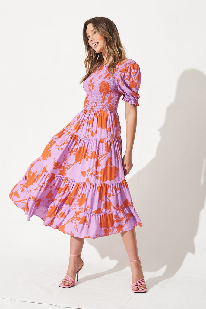 Sherina Midi Dress In Purple With Rust Floral