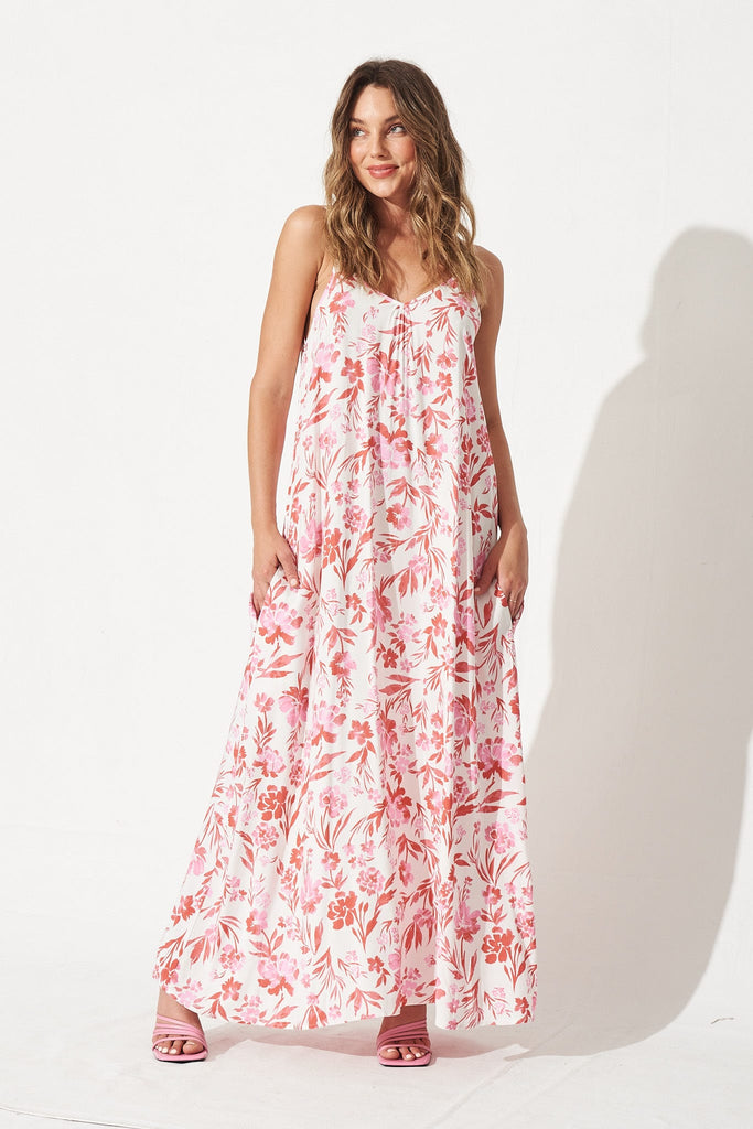 No Scrubs Maxi Dress In White With Pink Floral