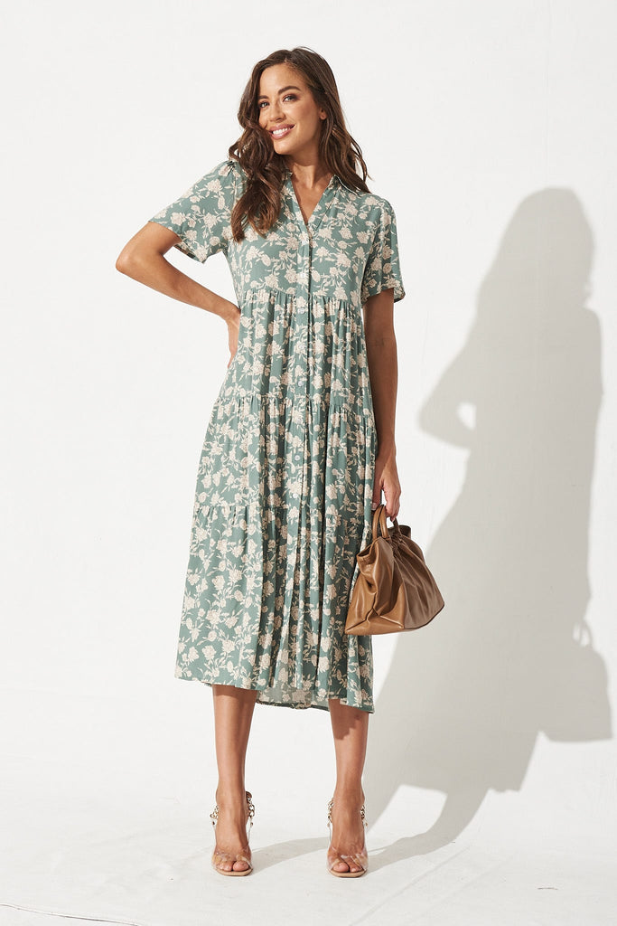 Persia Maxi Shirt Dress In Sage With Beige Floral