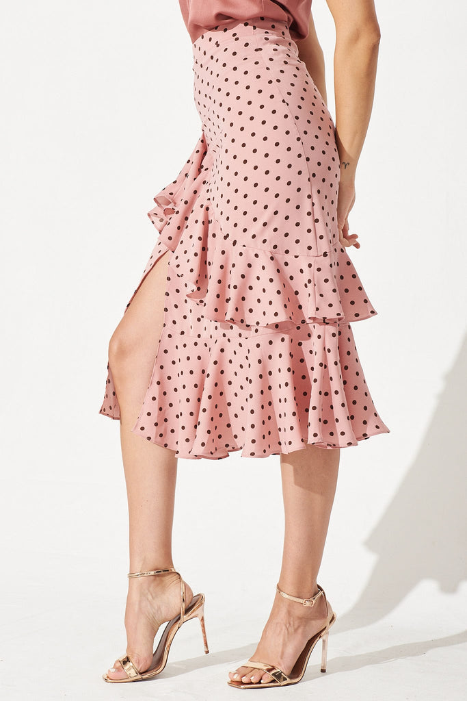 Liah Midi Skirt In Pink With Brown Spot Satin