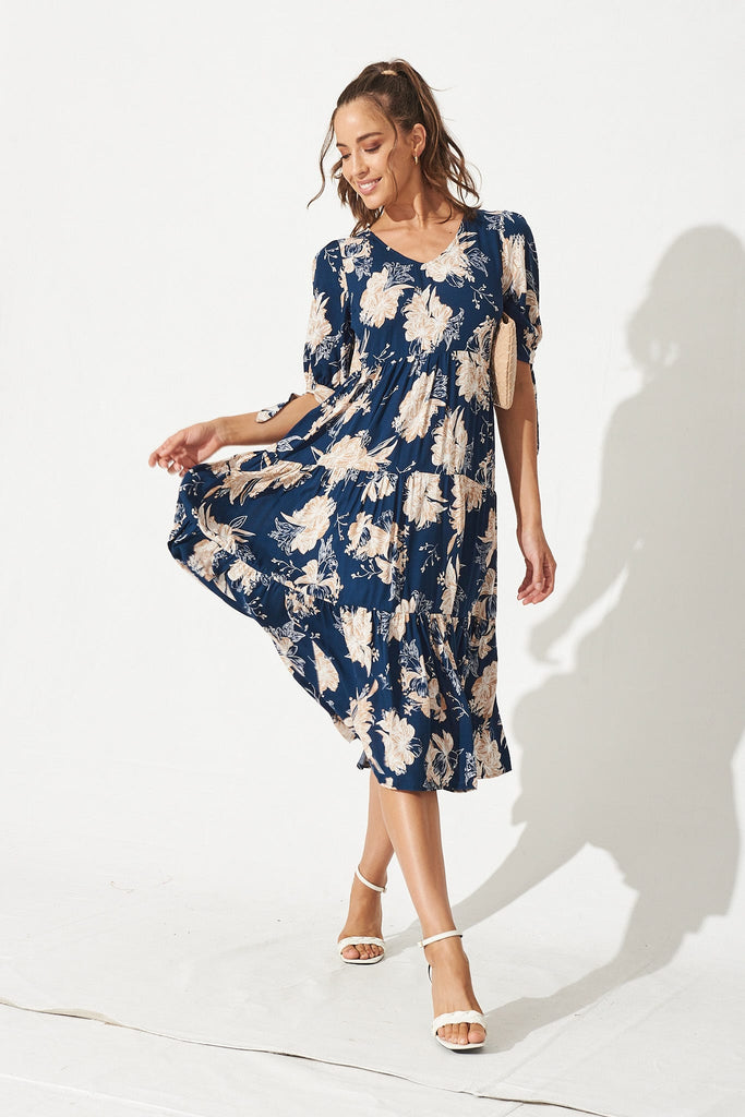 Odewick Midi Dress In Navy With Beige Floral