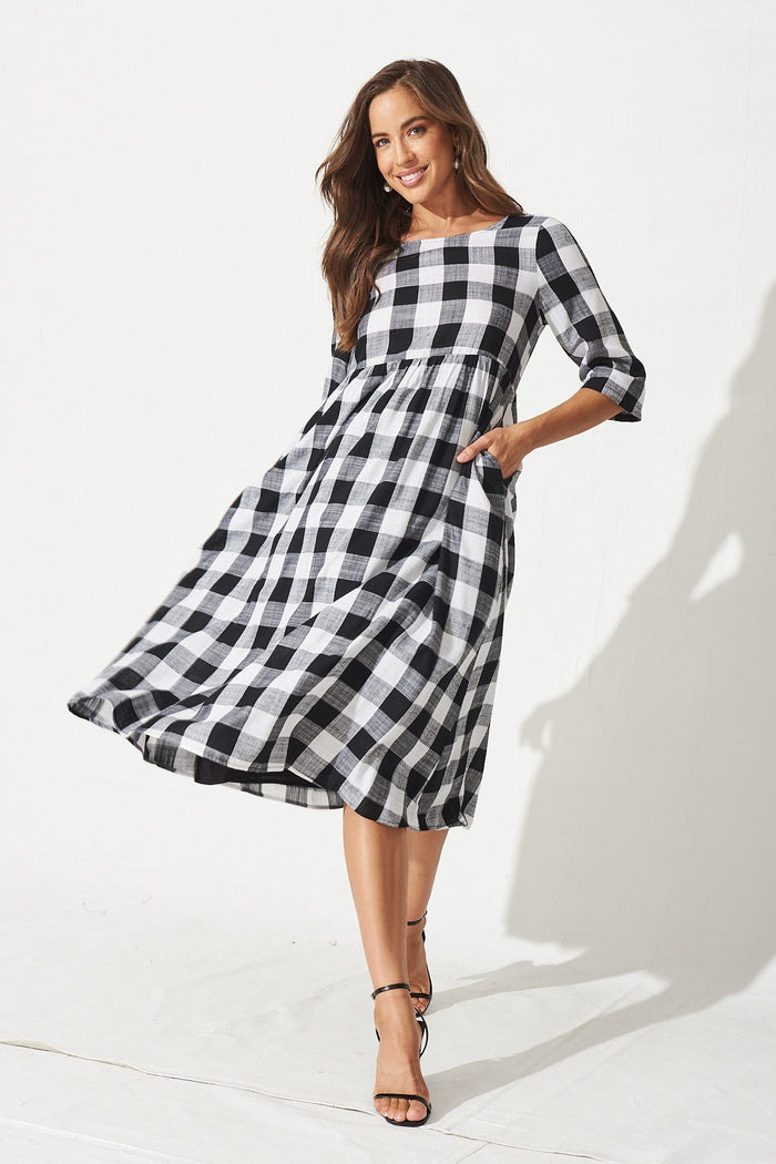 Zara Midi Smock Dress In Black With White Gingham