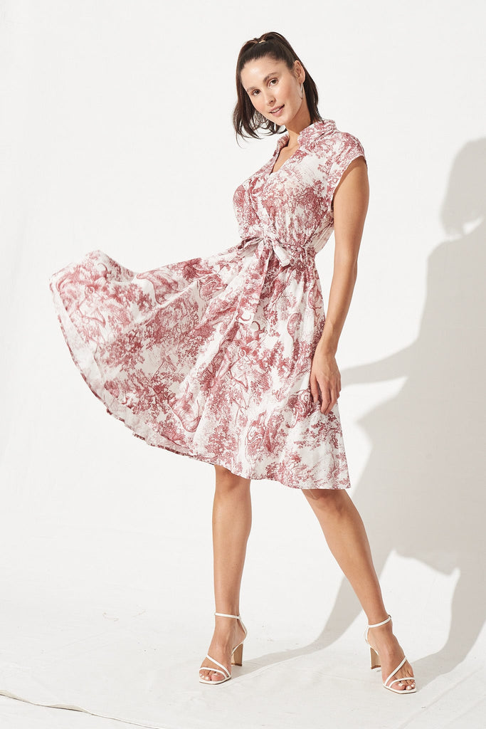 Annabelle Midi Dress In White With Red Print