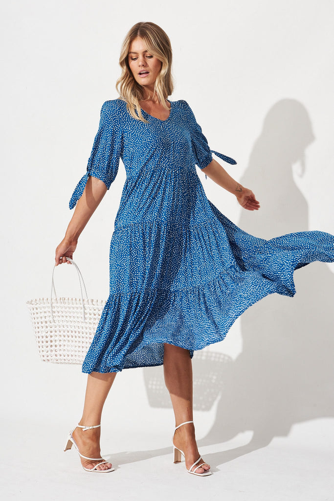 Odewick Midi Dress In Blue With White Speckle