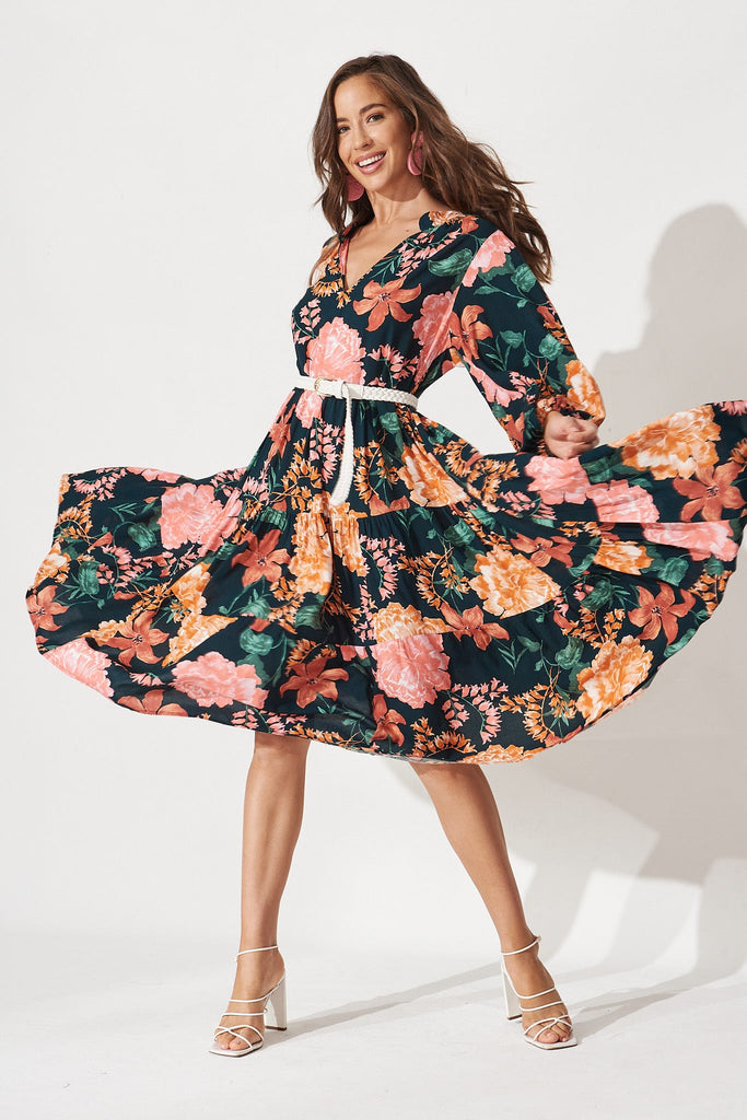 Kehlana Tiered Midi Dress In Emerald With Apricot Floral