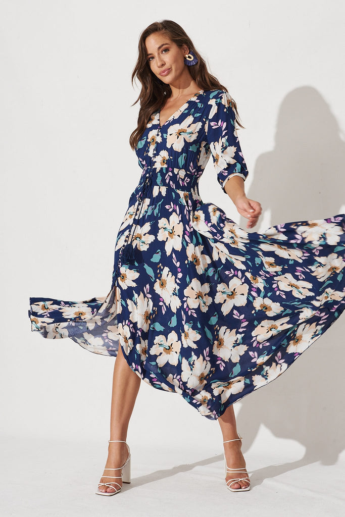 Selena Maxi Dress In Navy With Beige Floral
