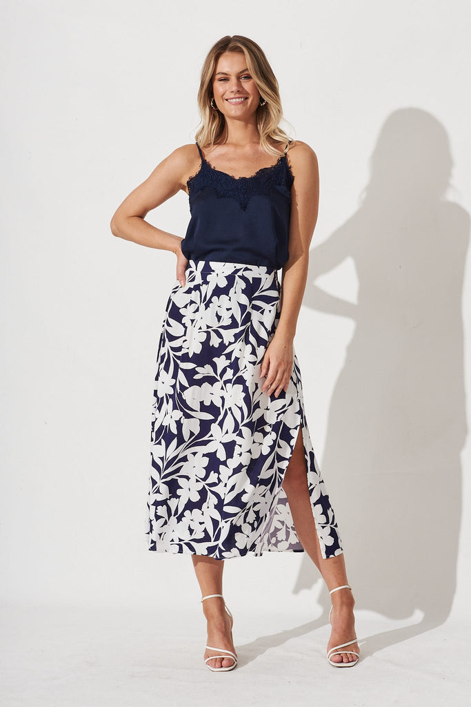 Philippa Midi Skirt In Navy With White Floral