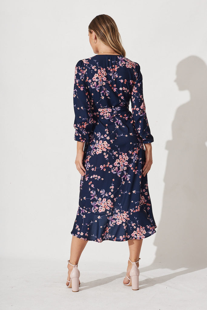 Mabo Midi Dress In Navy With Cherry Blossom - Back