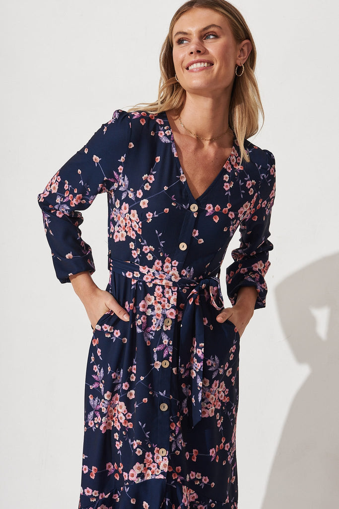 Mabo Midi Dress In Navy With Cherry Blossom - Front