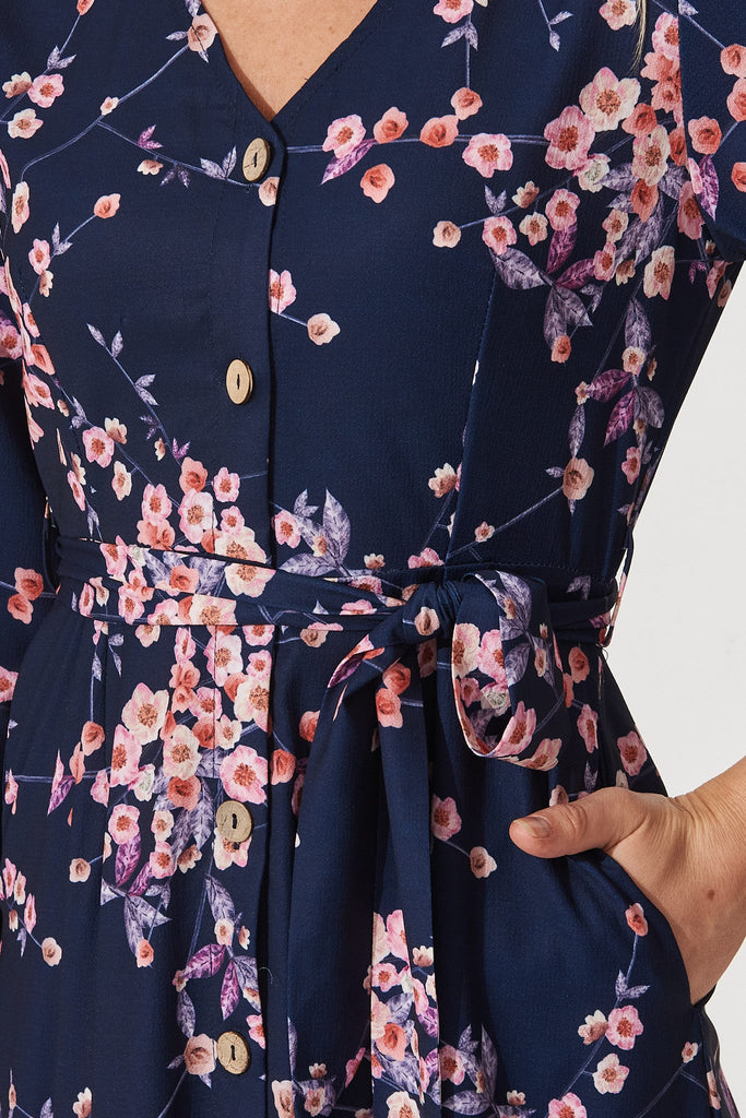 Mabo Midi Dress In Navy With Cherry Blossom - Detail