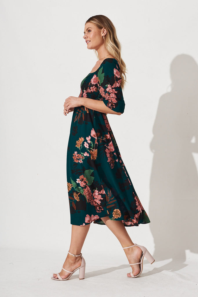 Gregorya Midi Dress In Green With Apricot Floral