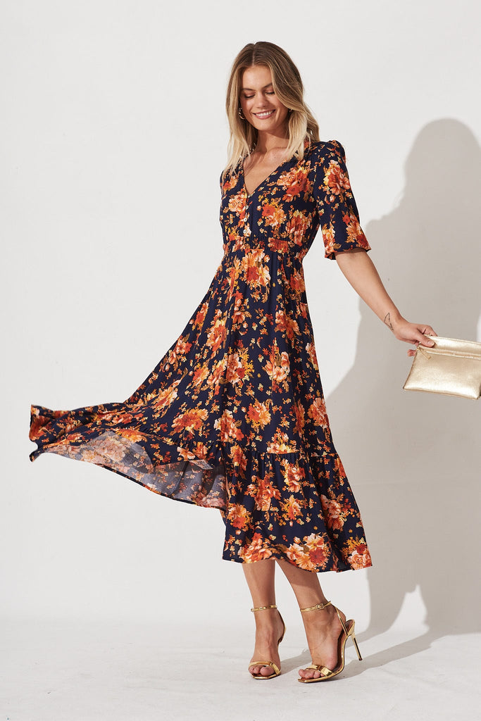 Prisha Maxi Dress In Navy With Rust Floral