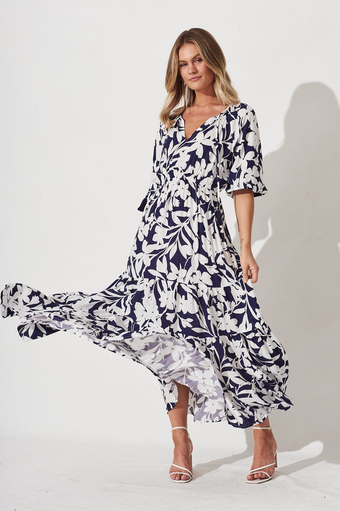 Rory Maxi Dress In Navy With White Floral