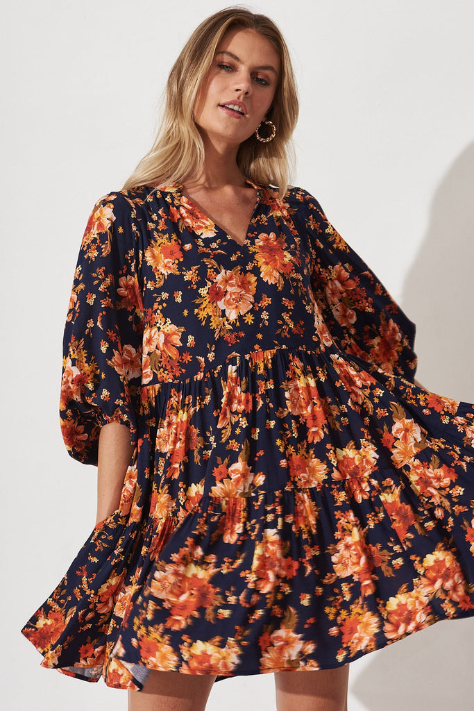Tiani Tiered Dress In Navy With Rust Floral