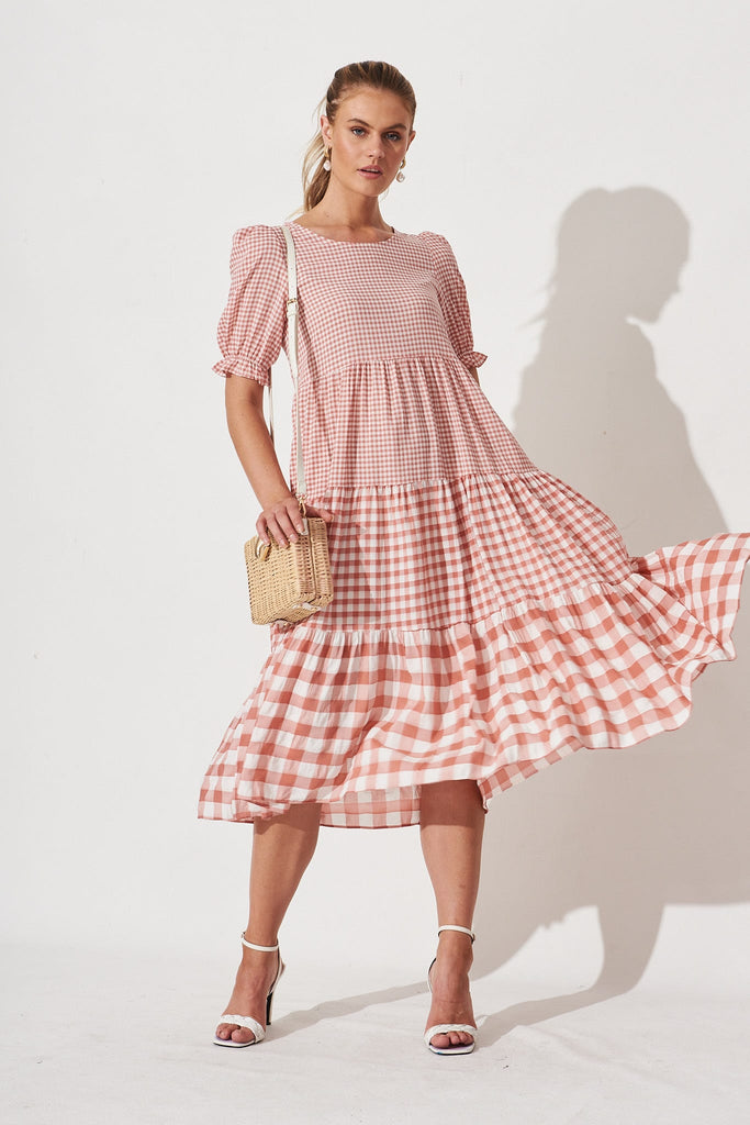 Nevi Tiered Midi Dress In Dusty Rose Gingham