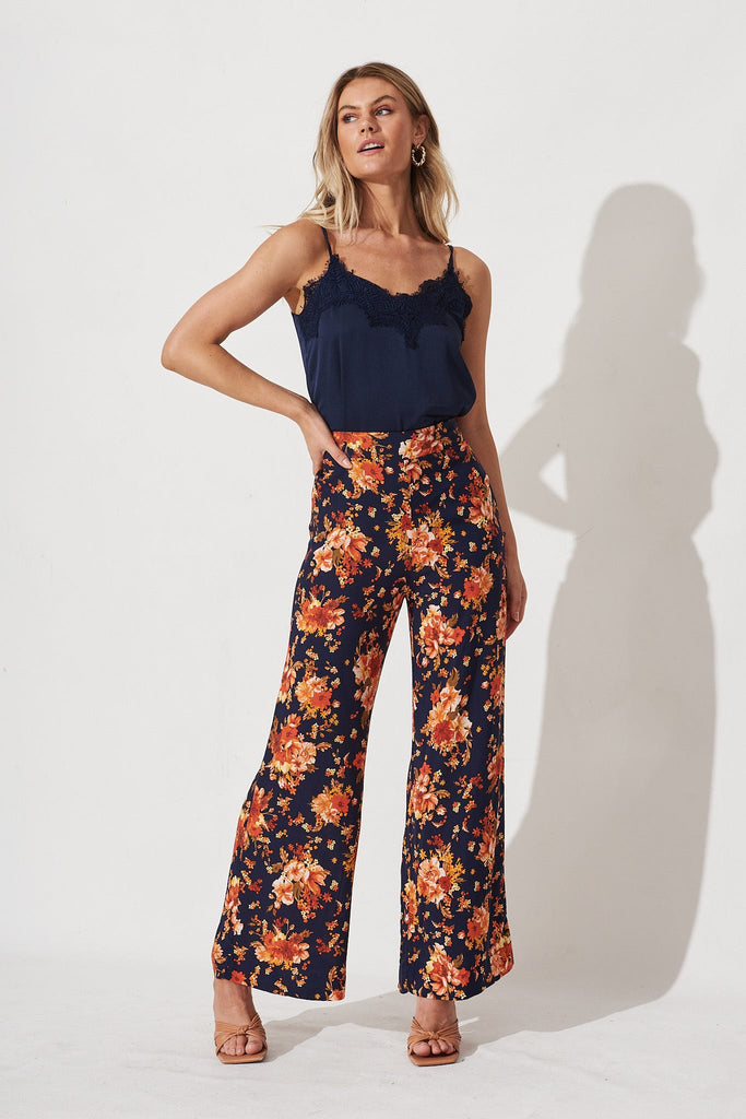 Amalia Pants In Navy With Rust Floral