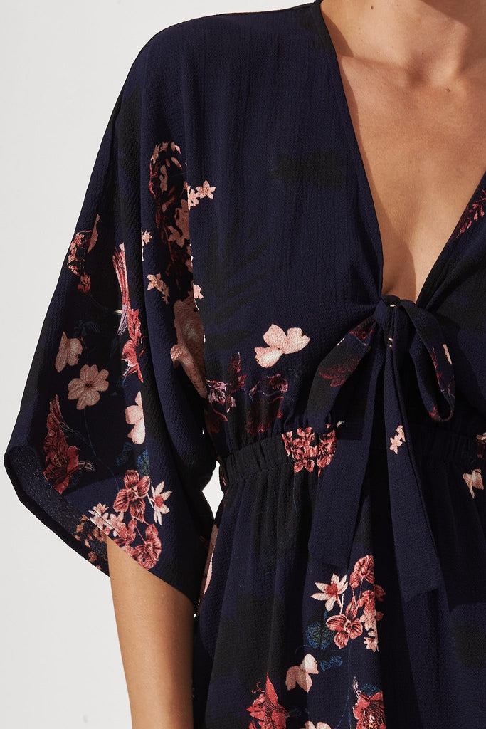 Ava Dress In Navy With Pink And Blush Floral - detail