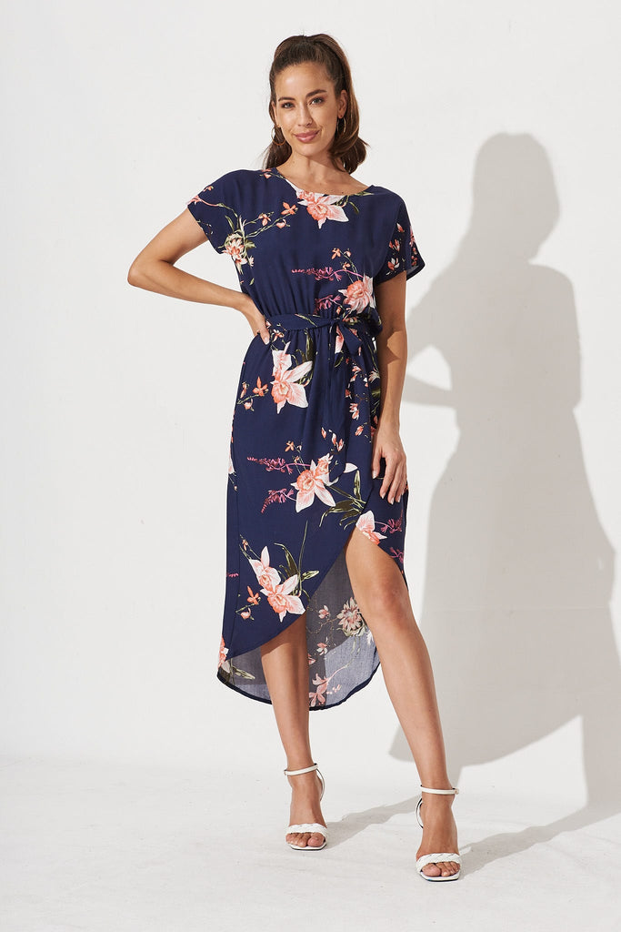 Georgina Dress in Navy with Apricot Floral