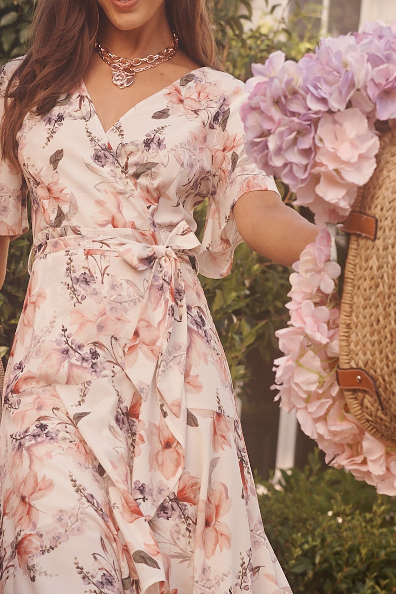 Women’s Floral Flare Sleeve Hi-Lo Wrap Dress