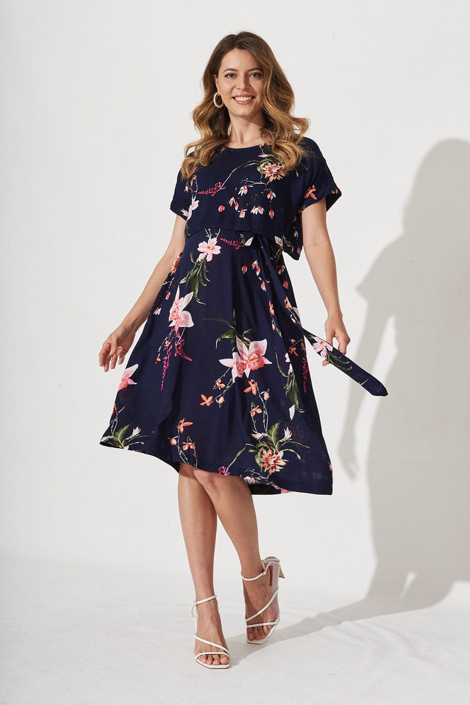 Addy Dress in Navy with Apricot Floral