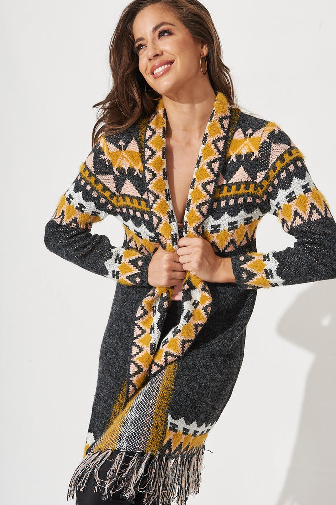 Brandie Boho Knit Cardigan In Charcoal With Yellow Boho