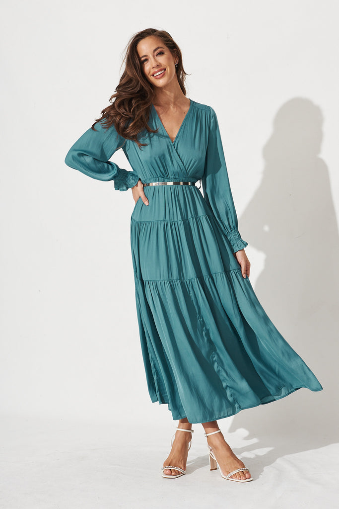 Dominique Maxi Dress In Dusty Teal Satin