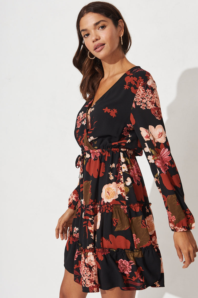 Chachi Mock Wrap Dress In Black With Wine Floral – St Frock