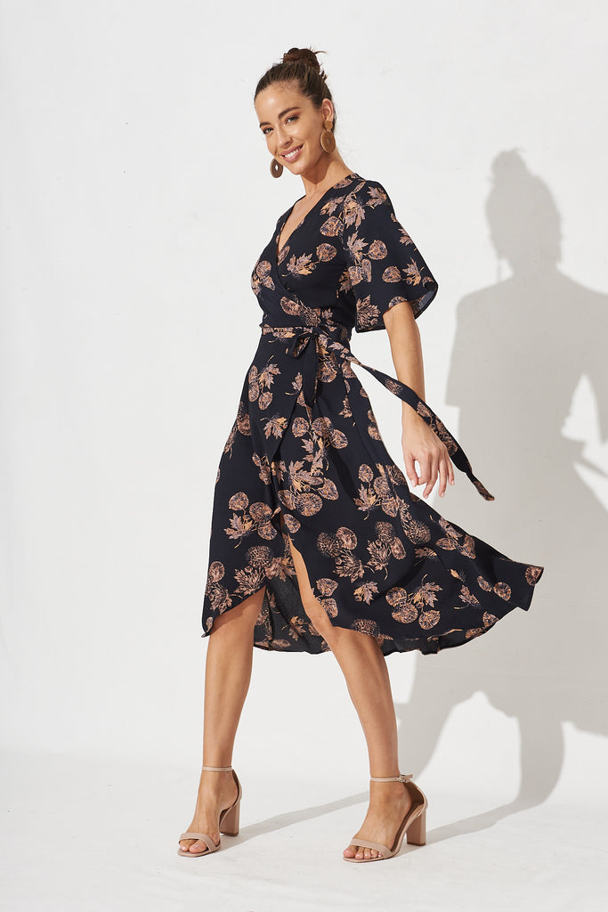 Bellerose Midi Wrap Dress In Charcoal With Apricot Floral