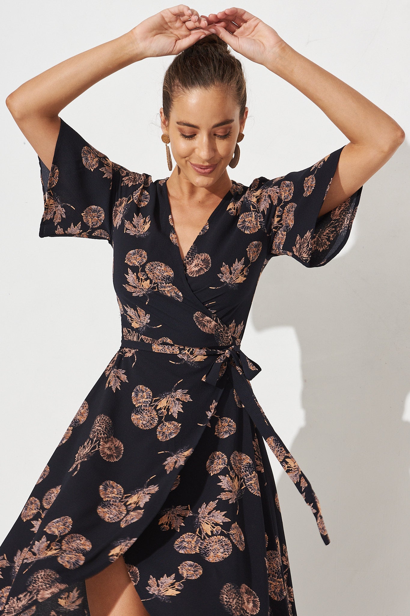 Bellerose Midi Wrap Dress In Charcoal With Apricot Floral – St Frock