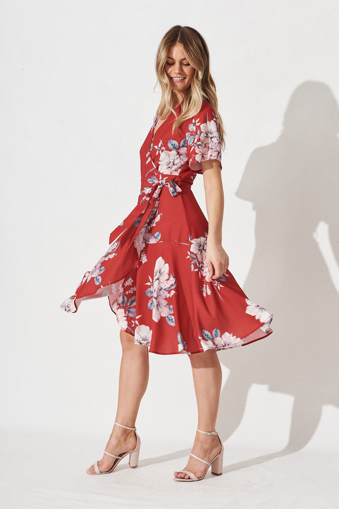 Lacey Wrap Dress In Red With Blush Floral