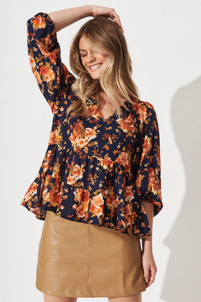 Talena Top In Navy With Rust Floral
