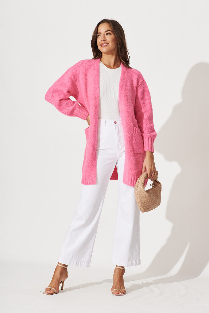 Hiroka Knit Cardigan In Candy Pink Wool Blend - full length