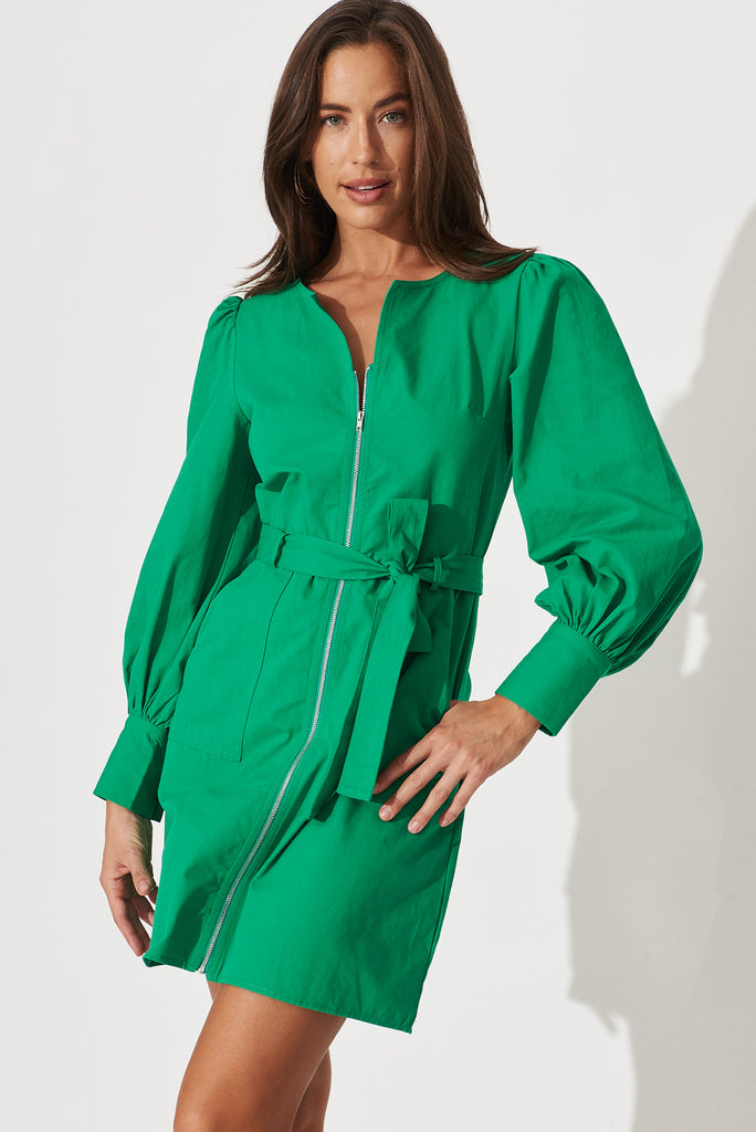 Cheviot Zip Dress In Green Cotton - front