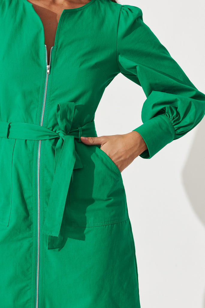 Cheviot Zip Dress In Green Cotton - detail