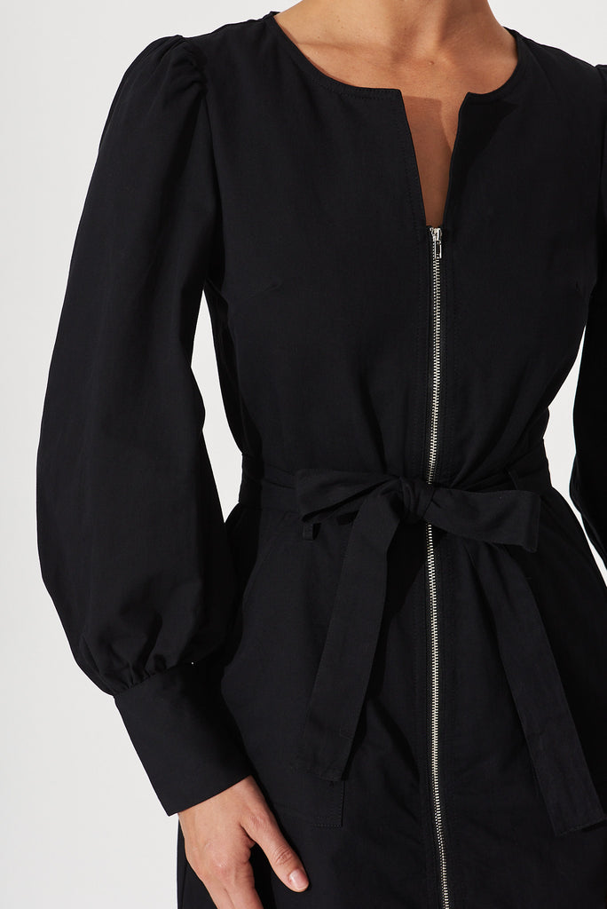 Cheviot Zip Dress In Black Cotton - detail