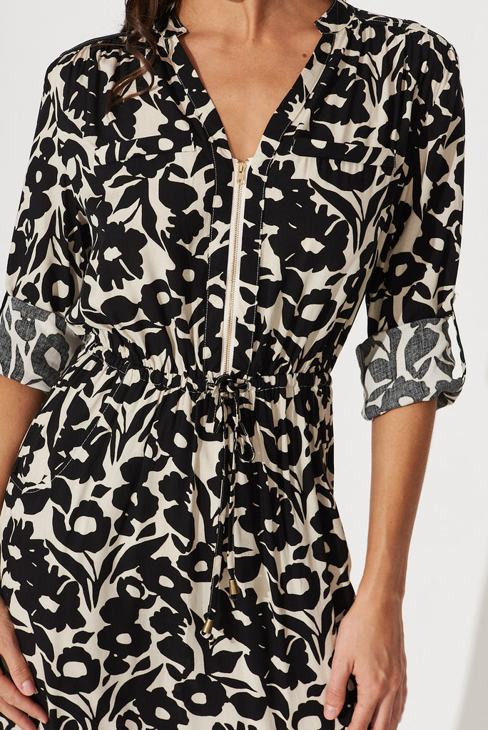 Rival Zip Dress In Black With Cream Floral - detail