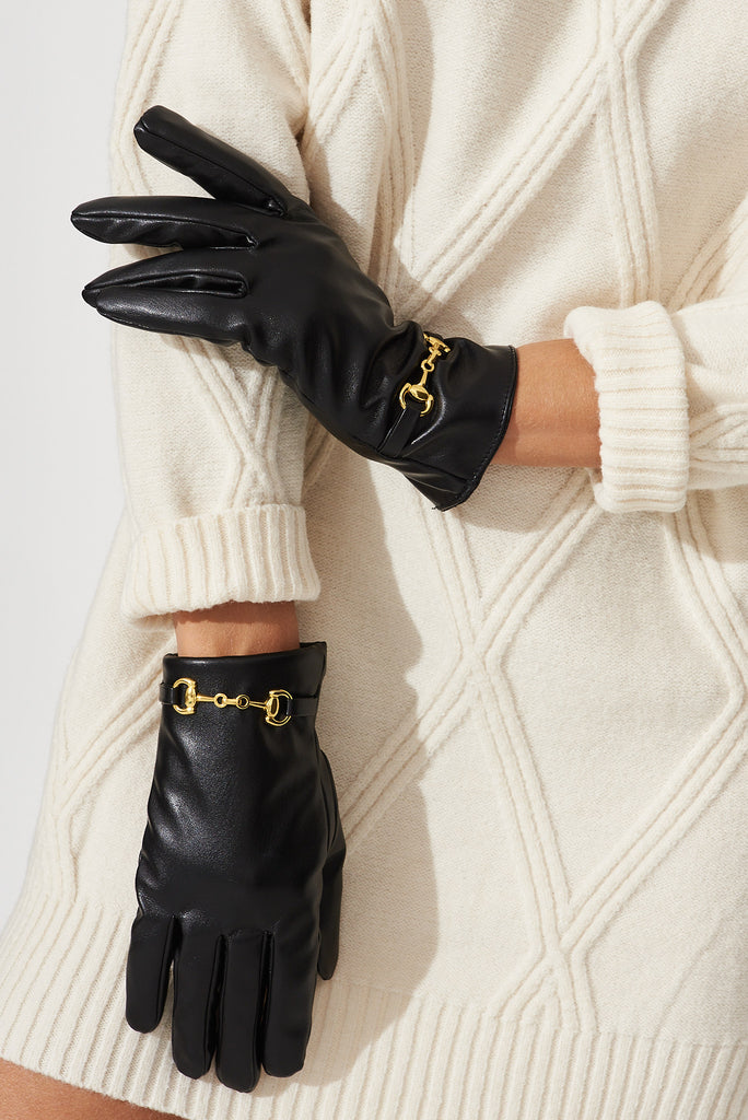 August + Delilah Poitiers PU Gloves In Black With Gold Buckle - front