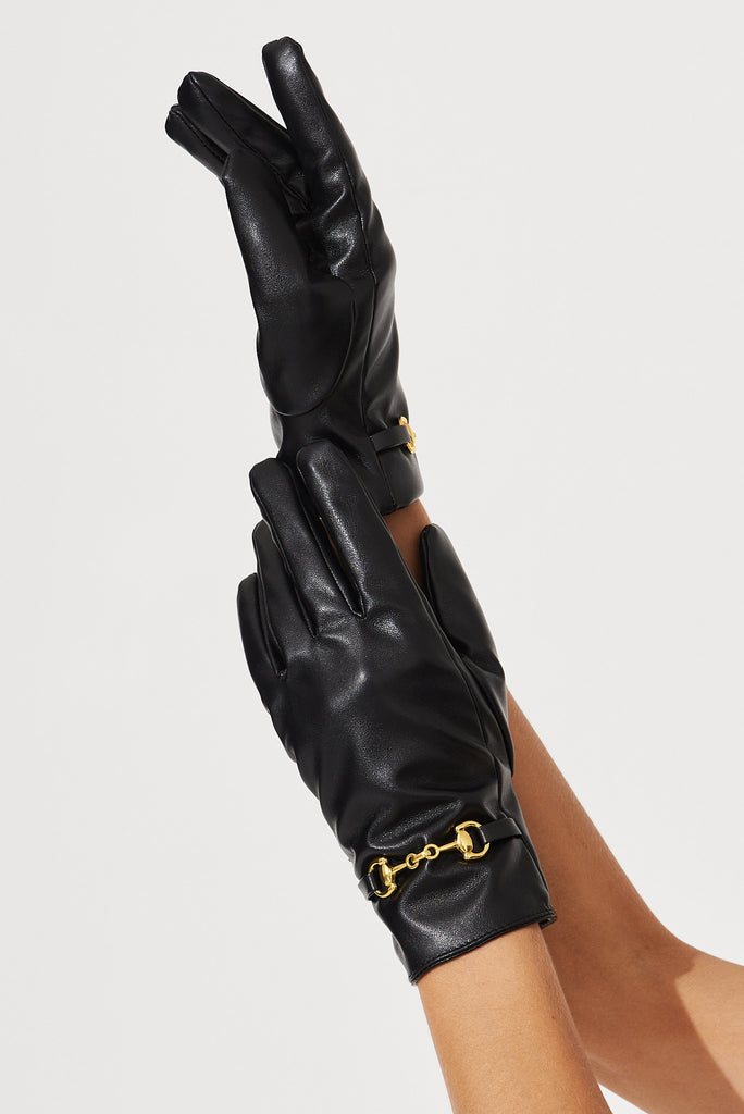 August + Delilah Poitiers PU Gloves In Black With Gold Buckle - detail