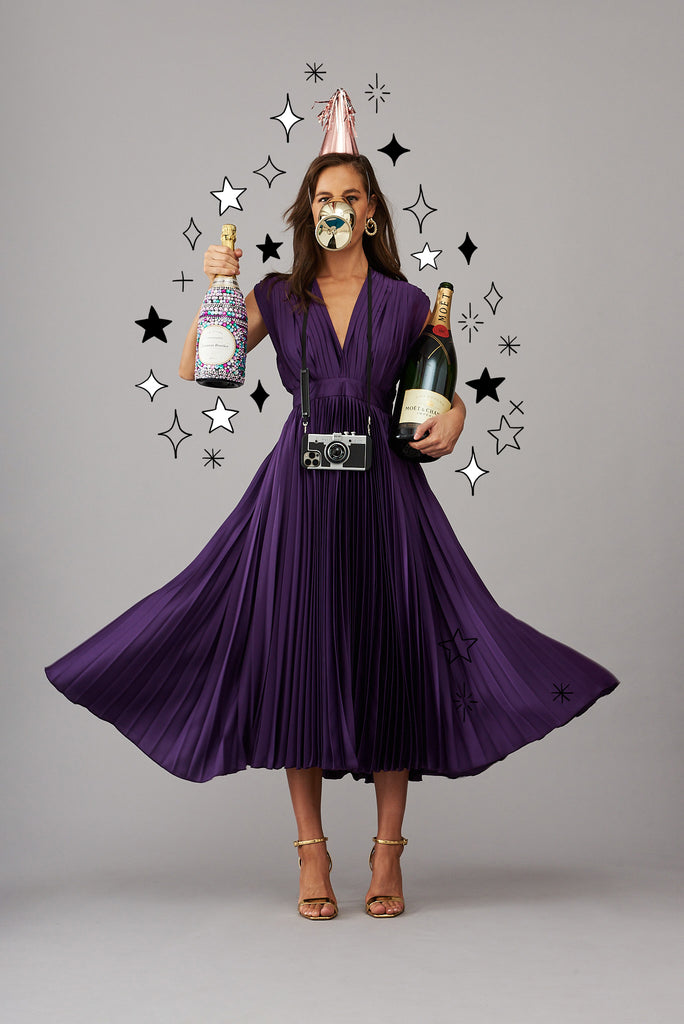 Anetta Midi Dress In Pleated In Purple Satin