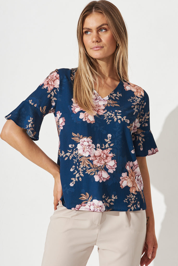 Farrah Top In Teal With Blush Floral - Front