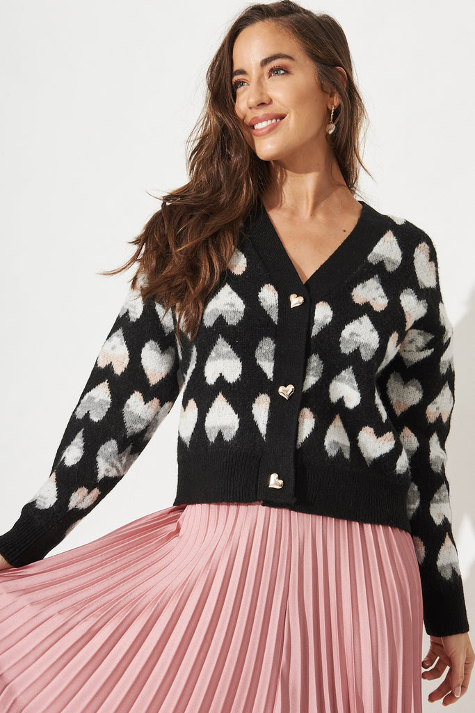 Malibu Knit Cardigan In Black With Multi Hearts - Front Close