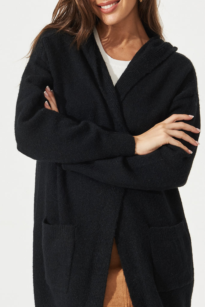Marcela Hooded Knit Cardigan In Black - Detail