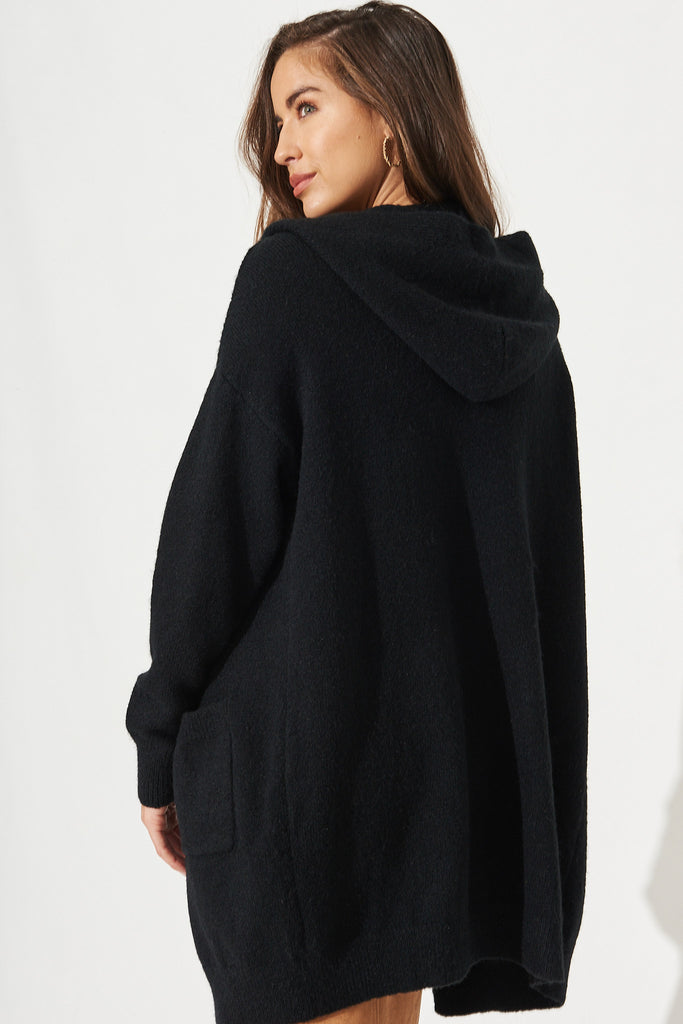 Marcela Hooded Knit Cardigan In Black - Back