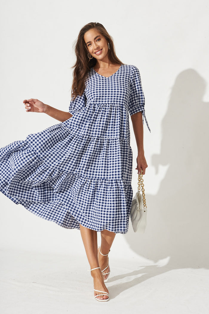 Odewick Midi Dress In Navy Gingham - Full Length