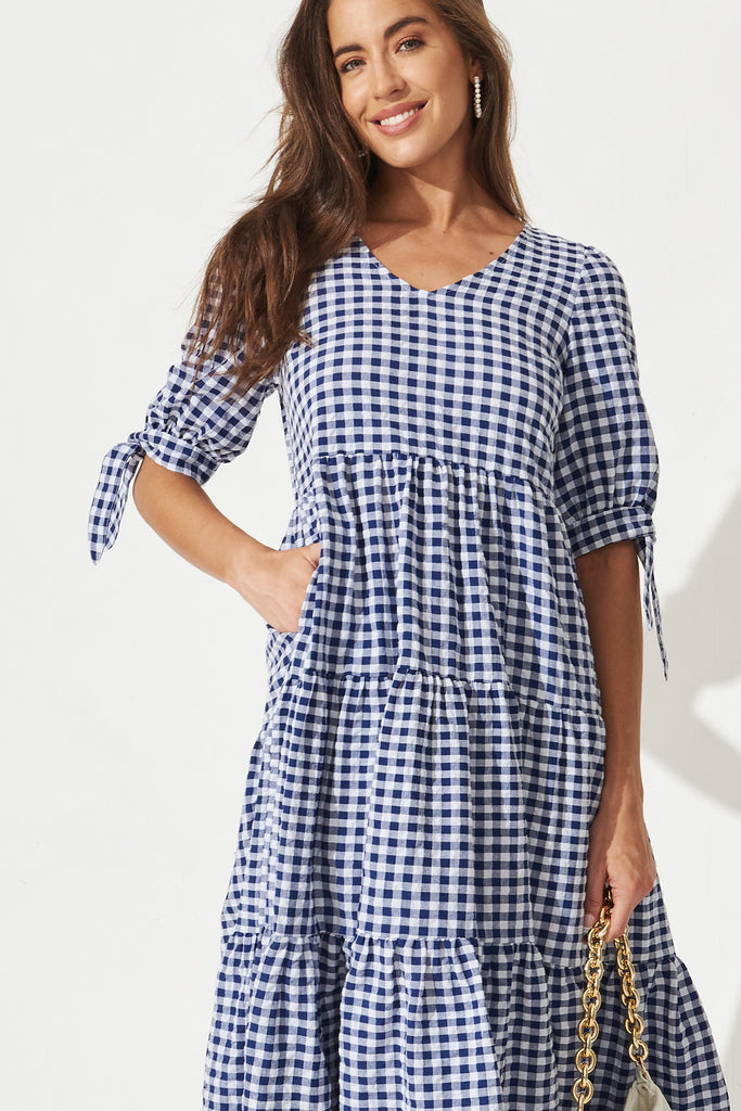 Odewick Midi Dress In Navy Gingham - Front