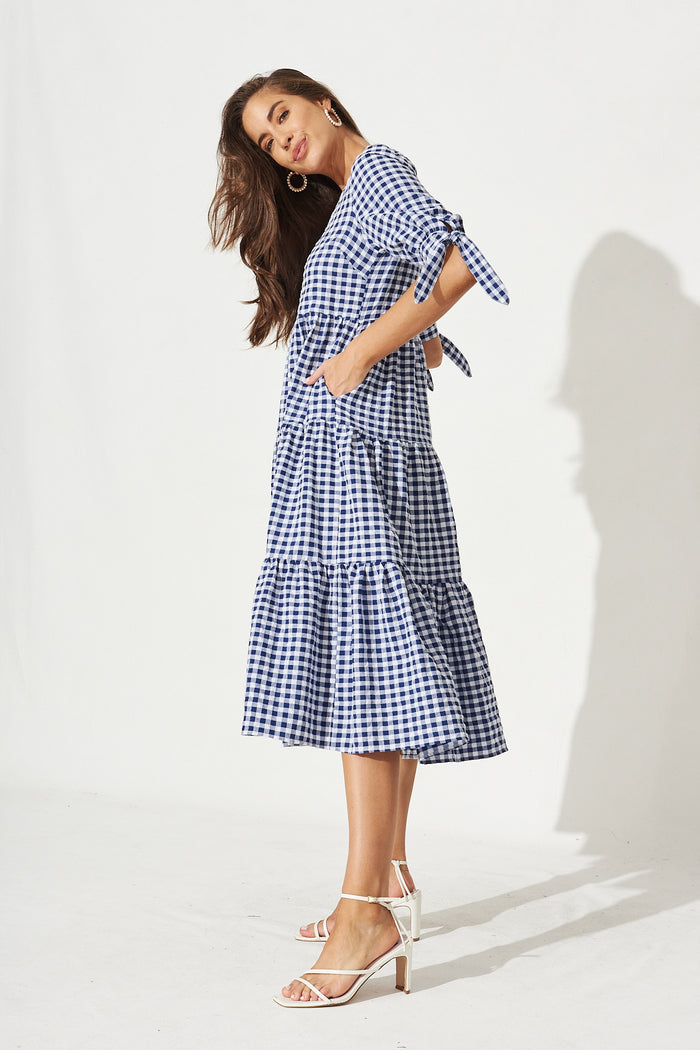 Odewick Midi Dress In Navy Gingham - Side