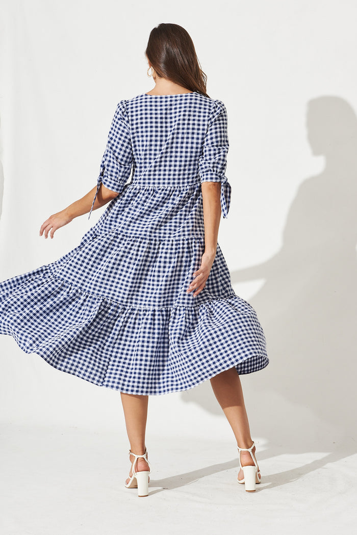 Odewick Midi Dress In Navy Gingham - Back