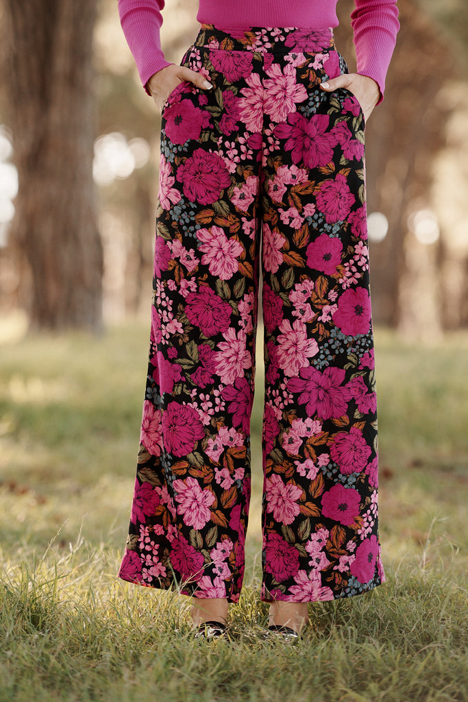 Toyah Pants In Black With Magenta Floral